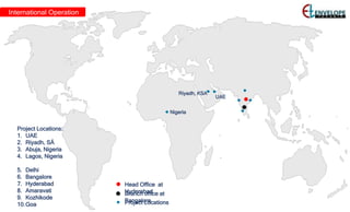 International Operation
Head Office at
Hyderabad
`
Riyadh, KSA
Nigeria
`
UAE
`
`
`
Branch office at
Bangalore`
Project Locations
Project Locations:
1. UAE
2. Riyadh, SÁ
3. Abuja, Nigeria
4. Lagos, Nigeria
5. Delhi
6. Bangalore
7. Hyderabad
8. Amaravati
9. Kozhikode
10.Goa
`
` `
`
 
