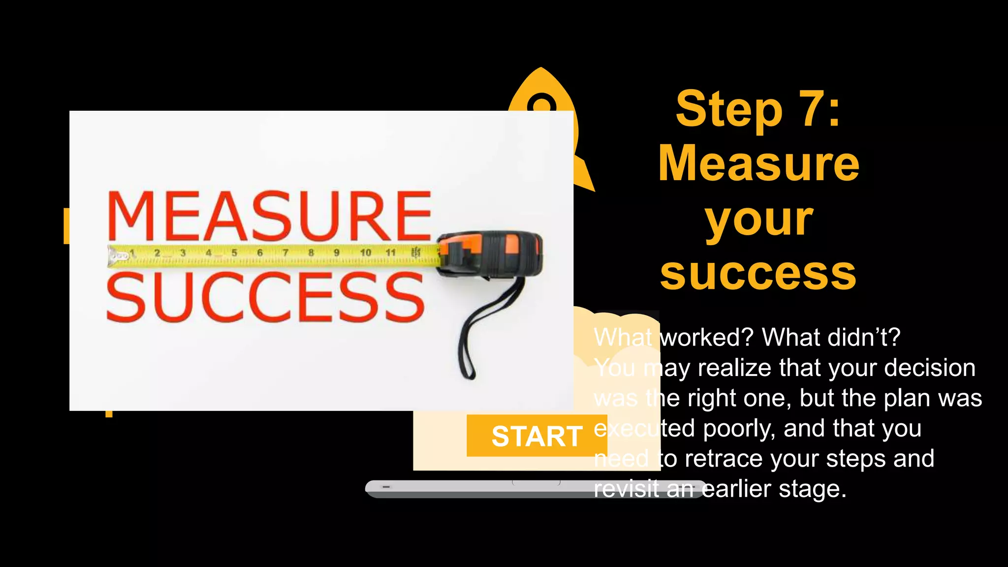 Step 6:
Prepare
your
action
plan
START
Step 7:
Measure
your
success
What worked? What didn’t?
You may realize that your decision
was the right one, but the plan was
executed poorly, and that you
need to retrace your steps and
revisit an earlier stage.
 
