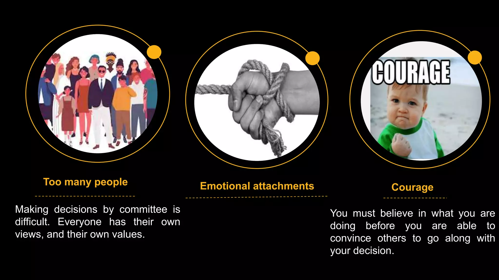 Too many people
Making decisions by committee is
difficult. Everyone has their own
views, and their own values.
Emotional attachments Courage
You must believe in what you are
doing before you are able to
convince others to go along with
your decision.
 