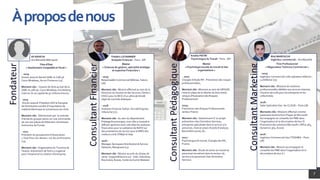 Àproposdenous
7
Fondateur
ConsultantFinancier
ConsultantPédagogique
ConsultantMarketing
Ali KRAICHI
Aix-Marseille Métropole
Titre d’Etat
« Gestionnaire Comptable et Fiscal »
- 2019
Ancien associé-Gérant SARL le Café 56
Cours Mirabeau, Aix en Provence (13).
Moment clés : Cession de droit au bail de la
SARL le café 56, Cours Mirabeau à la Holding
Cash en Or au capital de 50 millions d’euros.
- 2015
Ancien associé-Président SAS la française
de Distribution société d’importation de
matériel électrique en provenance de chine
Moment clés: Sélectionner par la centrale
d’achat du groupe casino sur une commande
de 100 000 pièces de Détecteur Avertisseur
Autonome de Fumée.
- 2012
Président du groupement d’Association
« Tout Pour Les Jeunes » sur Aix en Provence
(13).
Moment clés : Organisation du Tournois de
l’espoir, évènement de foot a 5 organisé
pour l’emplois et la création d’entreprise.
Master
« Sciences de gestion, spécialité stratégie
et expertise Financière »
- 2019
Responsable Commercial Défense, Satory
(78).
Moment clés : Mission effectué au sein de la
Direction du Soutien et des Services Clients (
DSSC) pour le MCO d’un véhicule blindé
objet de marchés étatiques
- 2018
Analyste Financier Safran Aircraft Engines,
Villaroche (77).
Moment clés : Au sein du département
Pilotage Economique, mon rôle a consisté à
diffuser après les avoir calculées les analyses
financières pour la validation de BAFO sur
des prestations de service pour la MRO des
moteurs civils CFM56 et leap
2016 :
Manager Aerospace Distribution & Service
Network, Marignane (13)
Moment clés : Mission au prés du réseau de
vente Support&Service sur : Inde, Indonésie,
Roumanie, Russie, Corée du Sud et Malaisie
Frédéric LEVANNIER
Analyste Financier - Paris - IDF
Bilel MAROUCHI
Ingénieur commercial – Aix Marseille
Titre Professionnel
« Négociateur Technico Commercial »
- 2019
Ingénieur Commercial Linkt opérateur télécom -
La Défense (75).
Moment clés : Missions de solutions
professionnelles dédiées aux services Internet,
Cloud et sécurité pour les entreprise et les
collectivités.
2018 :
Sales Spécialist chez be-CLOUD – Paris (78)
Moments clés : Missions effectué comme
partenaire Gold et Pure Player de Microsoft
Accompagner et conseiller les PME dans
l’organisation et la sécurisation de leur SI
Promotion des solutions Microsoft ( Office 365,
Dynamics 365, Azure)
2016 :
Ingénieur Commercial chez TOSHIBA – Paris
(78).
Moment clés : Mission accompagner et
conseiller les PME dans l’organisation et la
sécurisation de leur S.I
Amélie PIETRI
Psychologue du Travail - Paris - IDF
Master
« Psychologie sociale du travail et des
organisations »
- 2020
Chargée d’étude RH - Prévention des risques
professionnelles,
Moment clés : Missions au sein de URSSAF,
mise en place de la refonte du Document
Unique d’Evaluation des Risques
Professionnels
2019 :
Préventrice des Risques Professionnels
secteur France
Moment clés : Gestionnaire d’ un projet
prévention chez Domidom Services,
entreprise spécialisée dans le service a la
personne, mise en place d’outils d’analyse,
Barométre social, etc..
2017 :
Psychologue du travail, Chargée des RH,
France.
Moment clés : Etude du stress au travail du
personnel encadrant dans le secteur du
service à la personnel chez Domidom
Services
 