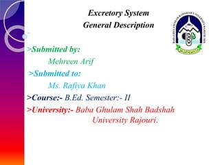 Excretory System
General Description
>Submitted by:
Mehreen Arif
>Submitted to:
Ms. Rafiya Khan
>Course:- B.Ed. Semester:- II
>University:- Baba Ghulam Shah Badshah
University Rajouri.
 