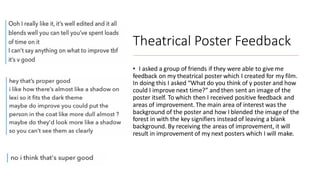 Theatrical Poster Feedback
• I asked a group of friends if they were able to give me
feedback on my theatrical poster which I created for my film.
In doing this I asked “What do you think of y poster and how
could I improve next time?” and then sent an image of the
poster itself. To which then I received positive feedback and
areas of improvement. The main area of interest was the
background of the poster and how I blended the image of the
forest in with the key signifiers instead of leaving a blank
background. By receiving the areas of improvement, it will
result in improvement of my next posters which I will make.
 