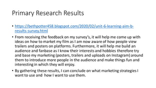 Primary Research Results
• https://bethpotter458.blogspot.com/2020/02/unit-6-learning-aim-b-
results-survey.html
• From receiving the feedback on my survey’s, it will help me come up with
ideas on how to market my film as I am now aware of how people view
trailers and posters on platforms. Furthermore, it will help me build an
audience and fanbase as I know their interests and hobbies therefore try
and base my marketing (posters, trailers and uploads on Instagram) around
them to introduce more people in the audience and make things fun and
interesting in which they will enjoy.
• By gathering these results, I can conclude on what marketing strategies I
want to use and how I want to use them.
 