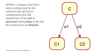 C
C1 C2
σ1 σ2
LEMMA 1. Suppose that from
some configuration C, the
schedules σ1, σ2 lead to
configurations C1, C2,
respectively. If the sets of
processes taking steps in σ1 and
σ2, respectively, are disjoint,
© Pawel Szulc, @EncodePanda, paul.szulc@gmail.com 80
 