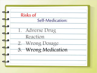 Self-Medication:
Risks of
1. Adverse Drug
Reaction
2. Wrong Dosage
3. Wrong Medication
 