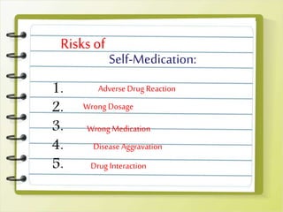 Self-Medication:
Risks of
1.
2.
3.
4.
5.
Adverse Drug Reaction
Wrong Dosage
Wrong Medication
Disease Aggravation
Drug Interaction
 
