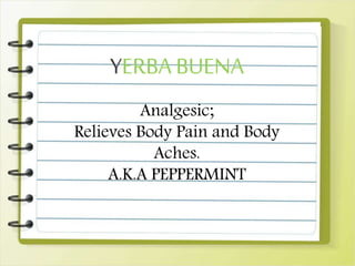 YERBA BUENA
Analgesic;
Relieves Body Pain and Body
Aches.
A.K.A PEPPERMINT
 