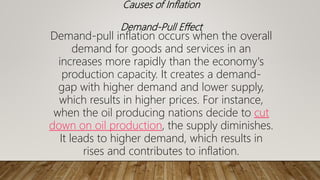 Causes of Inflation
Demand-Pull Effect
Demand-pull inflation occurs when the overall
demand for goods and services in an
increases more rapidly than the economy's
production capacity. It creates a demand-
gap with higher demand and lower supply,
which results in higher prices. For instance,
when the oil producing nations decide to cut
down on oil production, the supply diminishes.
It leads to higher demand, which results in
rises and contributes to inflation.
 