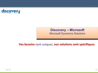 Vos besoins sont uniques, nos solutions sont spécifiques
juin-20 19
Discovery – Microsoft
Microsoft Dynamics Solutions
 