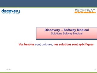 Vos besoins sont uniques, nos solutions sont spécifiques
juin-20 22
Discovery – Softway Medical
Solutions Softway Medical
 