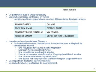 28
Focus Tunisie
• Un partenariat avec le Groupe Discovery
• Les solutions incadea sont leader en Tunisie
• La majeur partie des importateurs nous font déjà confiance depuis des années
• Les raisons du partenariat avec Discovery
✓ Forte demande de notre clientèle quant à une présence sur le Maghreb de
compétences Incadea
• Une réputation forte sur le marché Maghrébin
• Microsoft Navision certified Partner
• Une compétence incadea déjà acquise
• Plan de recrutement et de formation d’une équipe dédiée à incadea
• Une recommandation de la part Microsoft
• Une équipe Hot line propre aux clients de la région Maghreb/Afrique
• Une répartition des tâches clairement définie
• Un souhait mutuel et stratégique de rapprochement.
RENAULT ARTES DALMAS
BMW BEN JEMAA CITROEN AURES
RENAULT TRUCKS ENNAKL VI VW ENNAKL
PEUGEOT STAFIM MERCEDES FIAT LE MOTEUR
 