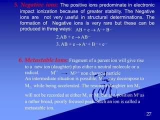 M1+
M2++ non charged particle
5. Negative ions: The positive ions predominate in electronic
impact ionization because of greater stability. The Negative
ions are not very useful in structural determinations. The
formation of Negative ions is very rare but these can be
produced in three ways:1. AB + e  A+ + B—
2.AB + e  AB—
3. AB + e  A+ + B— + e—
6. Metastable Ions: Fragment of a parent ion will give rise
to a new ion (daughter) plus either a neutral molecule or a
radical.
An intermediate situation is possible; M1 may decompose to+
M2 while being accelerated. The resultant daughter ion M2+ +
will not be recorded at either M1 or M2, but at a position M* as
a rather broad, poorly focused peak. Such an ion is called a
metastable ion.
27
 