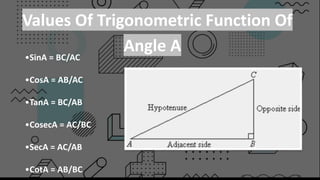 Values Of Trigonometric Function Of
Angle A
•SinA = BC/AC​
•CosA = AB/AC​
•TanA = BC/AB​
•CosecA = AC/BC​
•SecA = AC/AB​
•CotA = AB/BC​
 