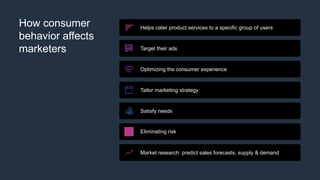 How consumer
behavior affects
marketers
Helps cater product services to a specific group of users
Target their ads
Optimizing the consumer experience
Tailor marketing strategy
Satisfy needs
Eliminating risk
Market research: predict sales forecasts, supply & demand
 