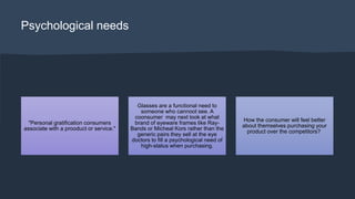 Psychological needs
"Personal gratification consumers
associate with a prooduct or service."
Glasses are a functional need to
someone who cannoot see. A
coonsumer may next look at what
brand of eyeware frames like Ray-
Bands or Micheal Kors rather than the
generic pairs they sell at the eye
doctors to fill a psychological need of
high-status when purchasing.
How the consumer will feel better
about themselves purchasing your
product over the competitors?
 