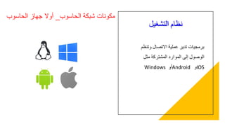 ‫نظام‬‫التشغيل‬
‫برمجيات‬‫تدير‬‫عملية‬‫االتصال‬‫وتنظم‬
‫الوصول‬‫إلى‬‫الموارد‬‫المشتركة‬‫مثل‬
Windows ‫أو‬Android ‫و‬IOS
‫الحاسوب‬ ‫شبكة‬ ‫مكونات‬_‫الحاسوب‬ ‫جهاز‬ ‫أوال‬
 