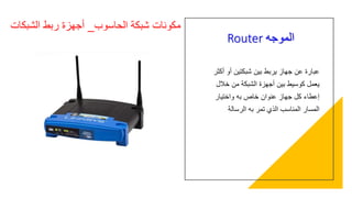 Router ‫الموجه‬
‫بين‬ ‫يربط‬ ‫جهاز‬ ‫عن‬ ‫عبارة‬‫أكثر‬ ‫أو‬ ‫شبكتين‬
‫خالل‬ ‫من‬ ‫الشبكة‬ ‫أجهزة‬ ‫بين‬ ‫كوسيط‬ ‫يعمل‬
‫واختيار‬ ‫به‬ ‫خاص‬ ‫عنوان‬ ‫جهاز‬ ‫كل‬ ‫إعطاء‬
‫الرسالة‬ ‫به‬ ‫تمر‬ ‫الذي‬ ‫المناسب‬ ‫المسار‬
‫الحاسوب‬ ‫شبكة‬ ‫مكونات‬_‫الشبكات‬ ‫ربط‬ ‫أجهزة‬
 
