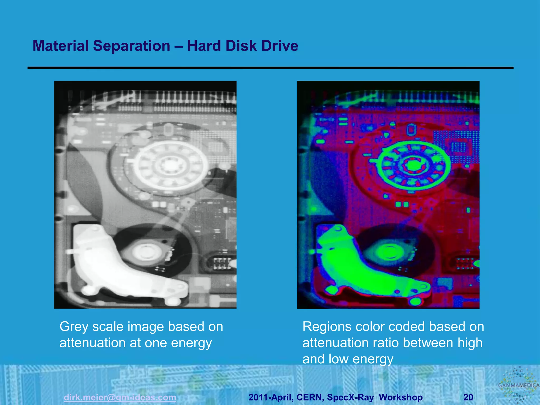 Material Separation – Hard Disk Drive




   Grey scale image based on              Regions color coded based on
   attenuation at one energy              attenuation ratio between high
                                          and low energy

    dirk.meier@gm-ideas.com    2011-April, CERN, SpecX-Ray Workshop   20
 