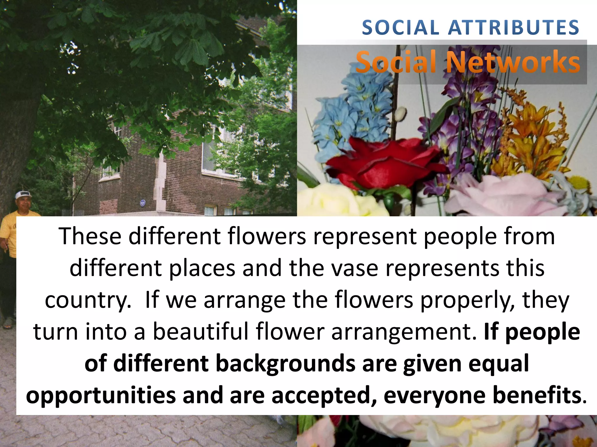 These different flowers represent people from
    different places and the vase represents this
  country. If we arrange the flowers properly, they
 turn into a beautiful flower arrangement. If people
      of different backgrounds are given equal
opportunities and are accepted, everyone benefits.
2/15/2012                                       10
 