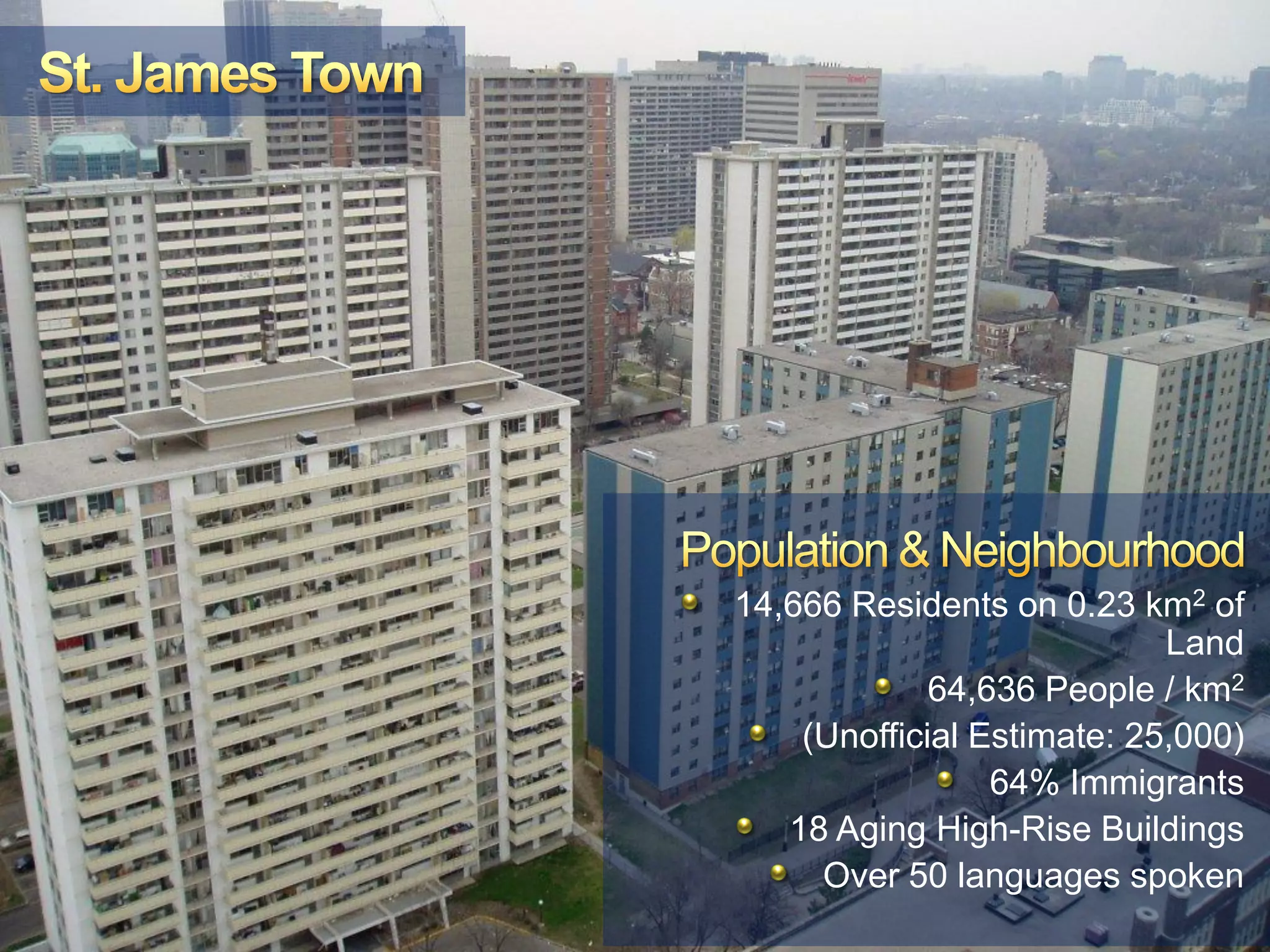 14,666 Residents on 0.23 km2 of
                                Land
                 64,636 People / km2
        (Unofficial Estimate: 25,000)
                     64% Immigrants
       18 Aging High-Rise Buildings
         Over 50 languages spoken
                                2/1
4                              5/2
                               012
 