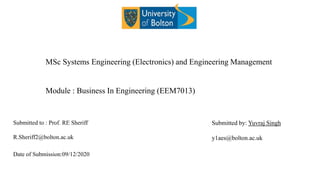 MSc Systems Engineering (Electronics) and Engineering Management
Module : Business In Engineering (EEM7013)
Submitted by: Yuvraj Singh
y1aes@bolton.ac.uk
Submitted to : Prof. RE Sheriff
R.Sheriff2@bolton.ac.uk
Date of Submission:09/12/2020
 