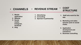 • CHANNELS
1. Mobile
application
2. Website
3. Social
media-
Instagram,
facebook
4. blog
• REVENUE STREAM
1. Advertising
2. Consulting
3. Sponser & partnership
• COST
STRUCTURE
1. Staff who work for the
app.
2. Marketing and sales-
sponser post on social
media.
3. Application
development and
maintaince.
4. Business consulting.
 