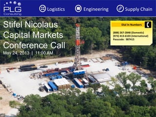 1
Logistics Engineering Supply Chain
Stifel Nicolaus
Capital Markets
Conference Call
May 24, 2013 | 11:00 AM
Dial In Numbers
(888) 267-2848 (Domestic)
(973) 413-6103 (International)
Passcode: 987415
 