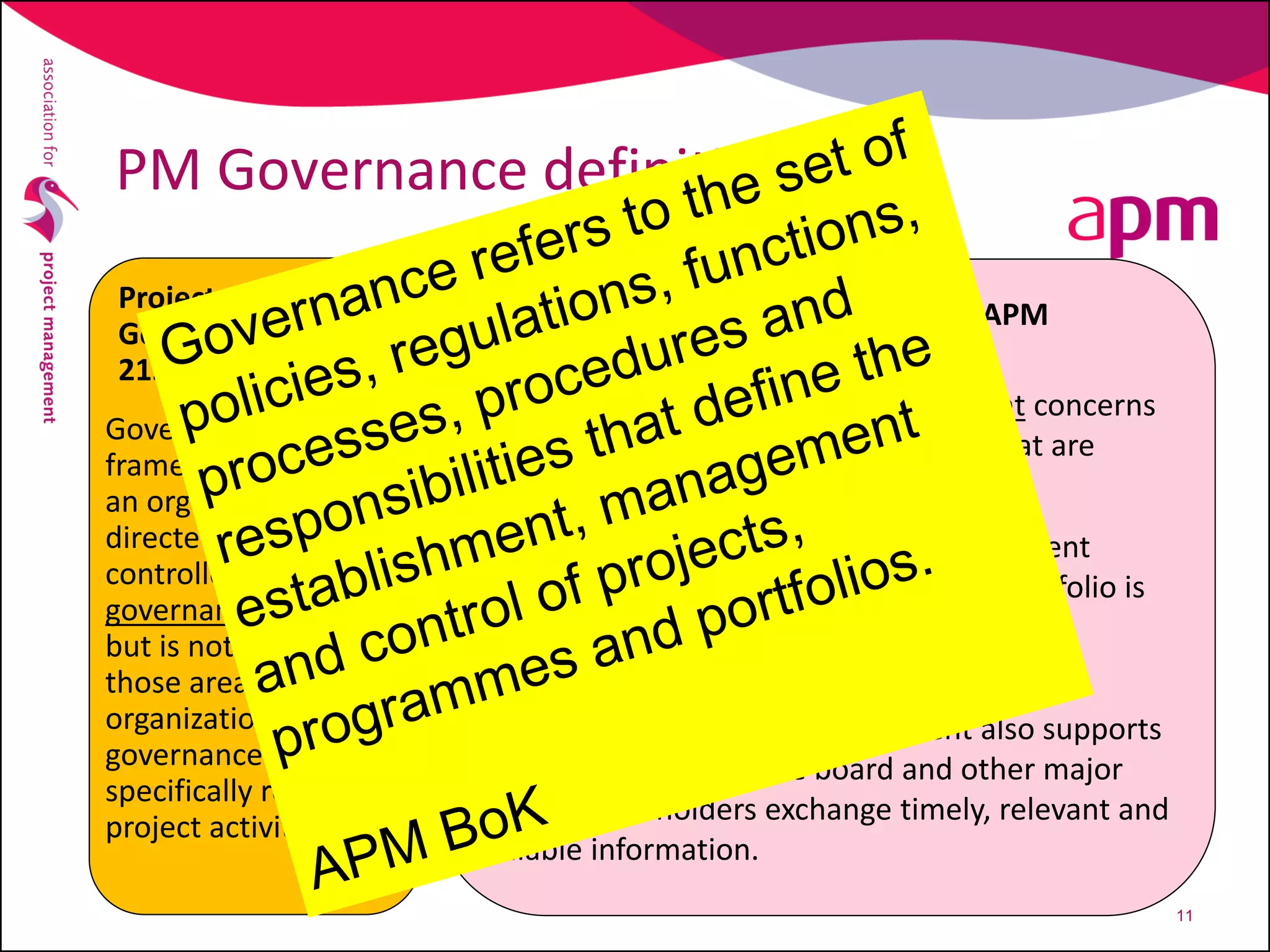 Project Management Governance – APM
The governance of project management concerns
those areas of corporate governance that are
specifically related to project activities.
Effective governance of project management
ensures that an organization’s project portfolio is
aligned to the organization’s objectives, is
delivered efficiently, and is sustainable.
Governance of project management also supports
the means by which the board and other major
project stakeholders exchange timely, relevant and
reliable information.
PM Governance definitions
Project
Governance - ISO
21500
Governance is the
framework by which
an organization is
directed and
controlled. Project
governance includes
but is not limited to
those areas of
organizational
governance that are
specifically related to
project activities.
11
 