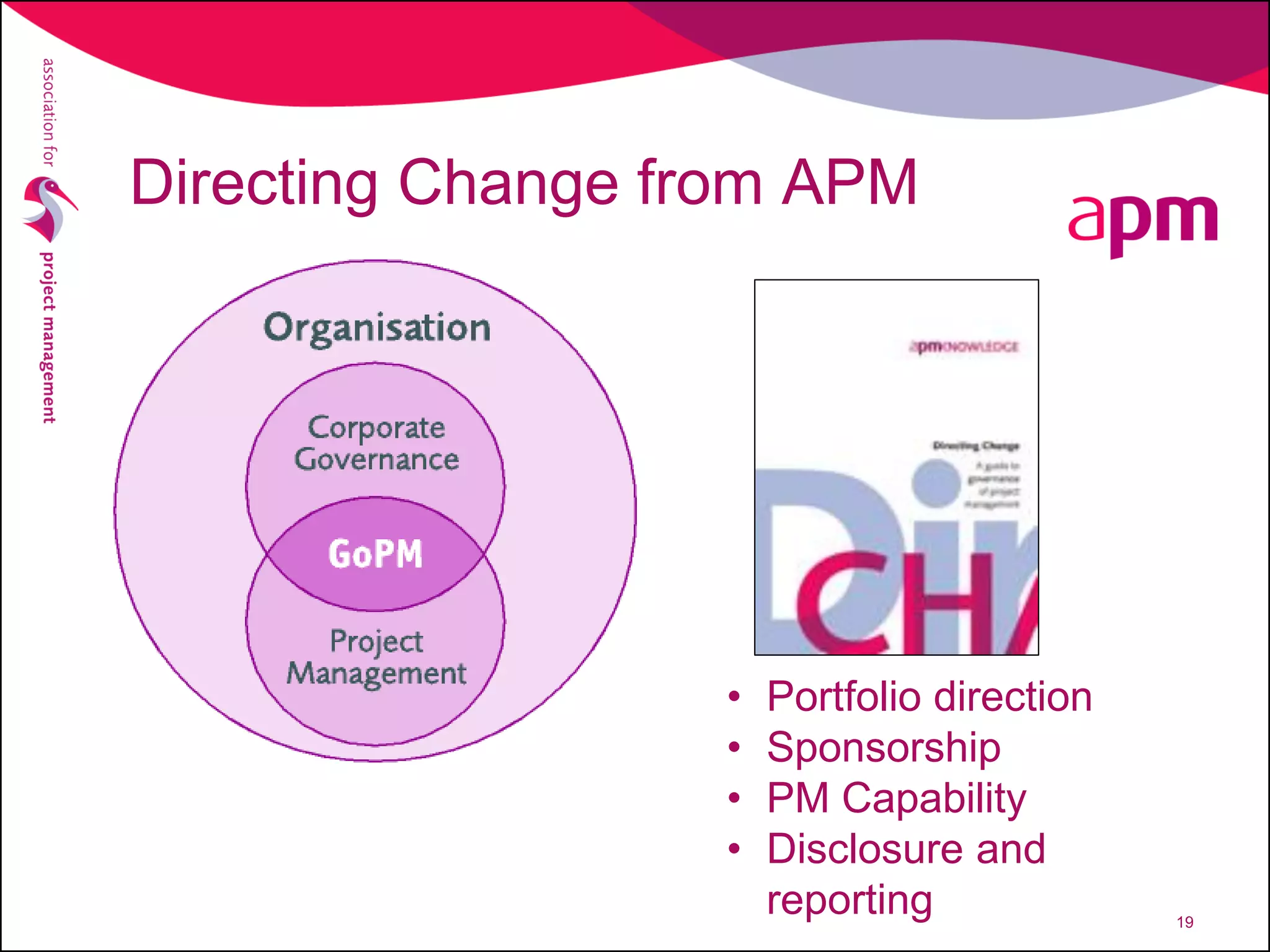 Directing Change from APM
• Portfolio direction
• Sponsorship
• PM Capability
• Disclosure and
reporting 19
 