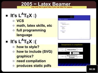 2005 − Latex Beamer

may look like a good idea if you use latex for papers

A

It's L TEX :)

VCS
math, latex skills, etc
full programming
language

It's LATEX :(

how to style?
how to include (SVG)
graphics?
need compilation
produces static pdfs

00:26

 