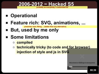 2006-2012 − Hacked S5
probably as everybody, I customized S5

Operational
Feature rich: SVG, animations, ...
presenter vie...