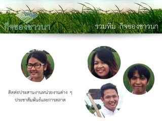รวมทีม กิจของชาวนา 
ติดต่อประสานงานหน่วยงานต่าง ๆ 
ประชาสัมพันธ์และการตลาด  