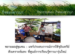 กิจกรรมของ กิจของชาวนา 
ขยายผลสู่ชุมชน : แชร์ประสบการณ์การใช้จุลินทรีย์ สังเคราะห์แสง ที่ศูนย์การเรียนรู้ชาวนารุ่นใหม่  