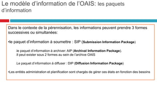 La gestion et le stockage
impliquent la description
d’événements (l’analyse,
l’enrichissement, le stockage, la
migration) dont la responsabilité
incombe à différentes entités
OAIS.
Ces processus sont complexes et
nécessitent la description
des objets à conserver et à
diffuser
Le modèle d’information de l’OAIS :
le contexte de la gestion (ou archivage)
15
 