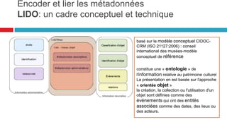 • Le schéma MEDONA Z 44-022 permet de
structurer les métadonnées générées par
les acteurs au cours des échanges
(transfert, de communication, de
modification, d'élimination ou de
restitution d’archives).
• Il doit permettre de modéliser les
échanges de données pour l‘archivage
et d'automatiser les procédures
d'échange d'information en décrivant les
règles contractuelles qui régissent le
versement et la prise en charge d'un
paquet d'information.
Les messages MEDONA décrivent les
contraintes (format, support, identification)
et fournissent un historique des opérations
effectuées (transfert, réception,
destruction, etc..)
•
• La grammaire XML permet de définir des
règles formelles vérifiables par les
machines (est égal à, ne peut pas être
différent de, n'existe qu'en un seul
exemplaire, provient de, etc...)
Encoder et lier les métadonnées
medona: structurer les métadonnées des
documents d’activité
56
 