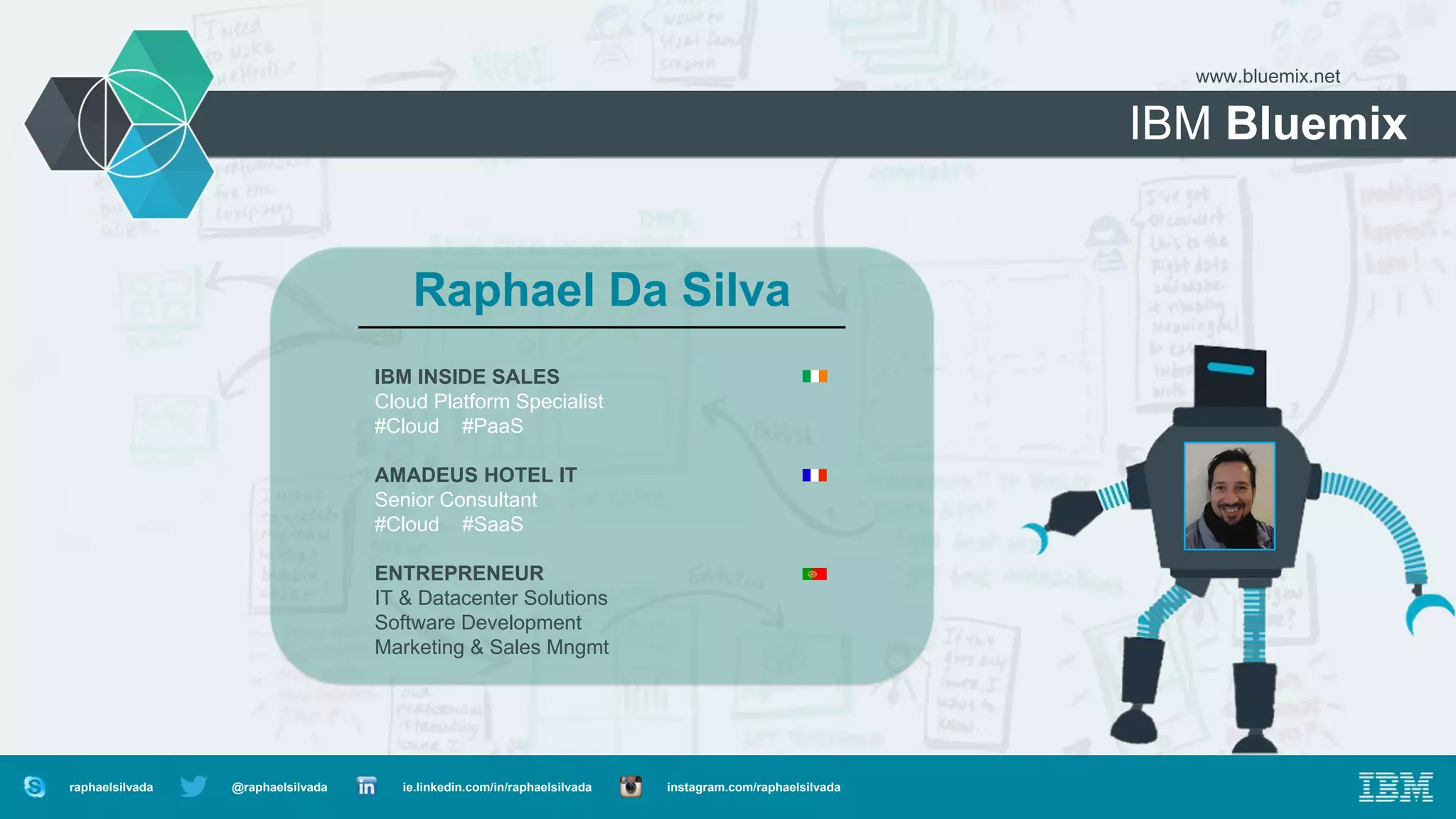 IBM Bluemix
www.bluemix.net
Raphael Da Silva
IBM INSIDE SALES
Cloud Platform Specialist
#Cloud #PaaS
AMADEUS HOTEL IT
Senior Consultant
#Cloud #SaaS
ENTREPRENEUR
IT & Datacenter Solutions
Software Development
Marketing & Sales Mngmt
@raphaelsilvada ie.linkedin.com/in/raphaelsilvada instagram.com/raphaelsilvadaraphaelsilvada
 