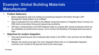 IBM Garage
15
Example: Global Building Materials
Manufacturer
• Problem Statement:
• Native applications (web and mobile) are accessing enterprise information through a API
Management SaaS platform and a DBaaS.
• Data is replicated from the SORs to the DBaaS component based on integration flows running in an
ESB which encountered timing and sequencing constraints.
• API logic is implemented in the SOR database itself via complex SQL stored procedures which ran
into scalability and performance issues, not to mention the flexibility of changing stored procedure
logic.
• Objectives for modern integration
• Use event streaming pub sub to replicate data events in the SOR in near real time into the DBaaS
component
• Refactor the stored procs logic into micro integration flows that run on lightweight integration
runtimes to be invoked at the granular level by the native apps
 