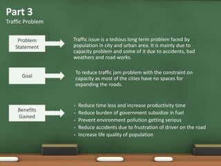 Part 3
Traffic Problem
Problem
Statement
Traffic issue is a tedious long term problem faced by
population in city and urban area. It is mainly due to
capacity problem and some of it due to accidents, bad
weathers and road works.
Goal
To reduce traffic jam problem with the constraint on
capacity as most of the cities have no spaces for
expanding the roads.
Benefits
Gained
• Reduce time loss and increase productivity time
• Reduce burden of government subsidize in fuel
• Prevent environment pollution getting serious
• Reduce accidents due to frustration of driver on the road
• Increase life quality of population
 