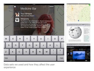 Data sets we used and how they affect the user
experience
 