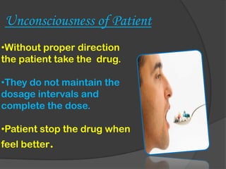 Unconsciousness of Patient
•Without proper direction
the patient take the drug.
•They do not maintain the
dosage intervals and
complete the dose.
•Patient stop the drug when
feel better.
 
