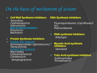 On the basis of mechanism of action:
 Cell Wall Synthesis inhibitors:
Penicillins
Cephalosporins
Vancomycin
Beta-lactamase Inhibitors
Polymycin
Bacitracin
 Protein Synthesis Inhibitors
 Inhibit 30s Subunit
Aminoglycosides (gentamycin)
Tetracyclines
Inhibit 50s Subunit
Macrolides
Chloramphenicol
Clindamycin
Streptogramins
DNA Synthesis Inhibitors
Fluoroquinolones (ciprofloxacil
lin)
Metronidazole
 RNA synthesis Inhibitors
Rifampin
 Mycolic Acid synthesis
inhibitors
Isoniazid
 Folic Acid synthesis inhibitors
Sulfonamides
Trimethoprim
 
