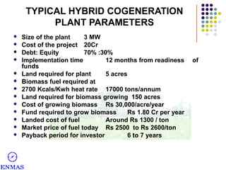 TYPICAL HYBRID COGENERATION
PLANT PARAMETERS














Size of the plant
3 MW
Cost of the project 20Cr
Debt: Equity
70% :30%
Implementation time
12 months from readiness
funds
Land required for plant
5 acres
Biomass fuel required at
2700 Kcals/Kwh heat rate 17000 tons/annum
Land required for biomass growing 150 acres
Cost of growing biomass Rs 30,000/acre/year
Fund required to grow biomass
Rs 1.80 Cr per year
Landed cost of fuel
Around Rs 1300 / ton
Market price of fuel today Rs 2500 to Rs 2600/ton
Payback period for investor
6 to 7 years

of

 