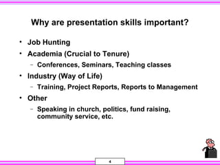 4
Why are presentation skills important?
• Job Hunting
• Academia (Crucial to Tenure)
− Conferences, Seminars, Teaching classes
• Industry (Way of Life)
− Training, Project Reports, Reports to Management
• Other
− Speaking in church, politics, fund raising,
community service, etc.
 