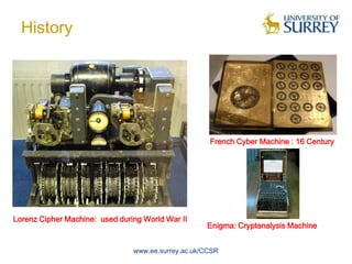 History




                                                     French Cyber Machine : 16 Century




Lorenz Cipher Machine: used during World War II
                                                    Enigma: Cryptanalysis Machine


                                www.ee.surrey.ac.uk/CCSR
 
