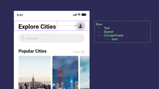 Row
- Text
- Spacer
- CircularAvatar
- Icon
 