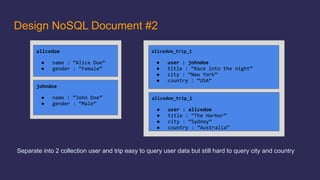 Design NoSQL Document #2
●
●
●
●
●
●
●
●
●
●
●
●
Separate into 2 collection user and trip easy to query user data but still hard to query city and country
 