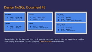 Design NoSQL Document #3
●
●
●
●
●
●
Separate into 3 collections user, trip, city. It easy to query user data, trip city but should have problem
data intrigity when delete city data (may use Cloud Function to handle this)
●
●
●
●
●
●
●
●
 