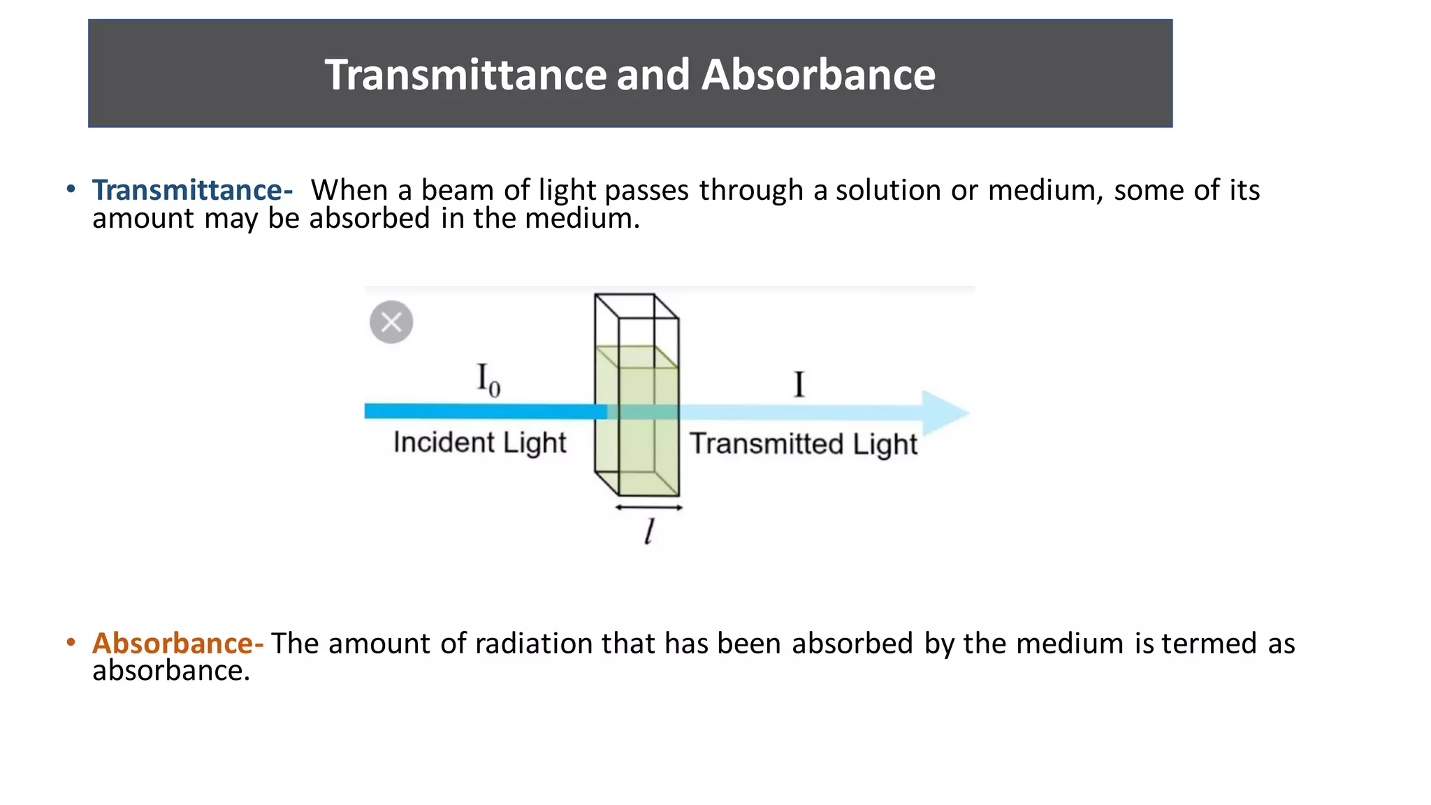 • Transmittance- When a beam of light passes through a solution or medium, some of its
amount may be absorbed in the medium.
• Absorbance- The amount of radiation that has been absorbed by the medium is termed as
absorbance.
Transmittance and Absorbance
 