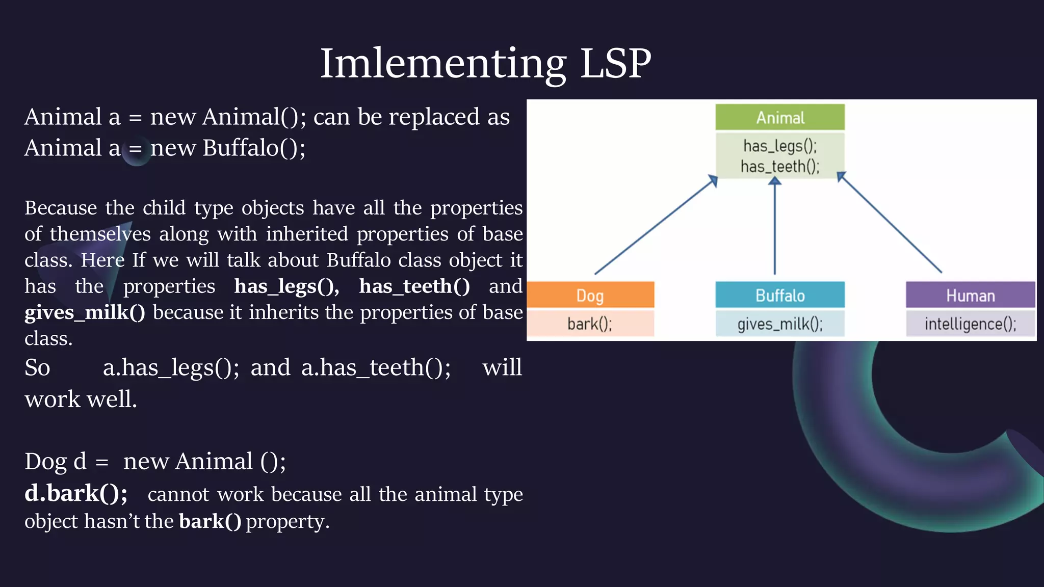 Imlementing LSP
Animal a = new Animal(); can be replaced as
Animal a = new Buffalo();
Because the child type objects have all the properties
of themselves along with inherited properties of base
class. Here If we will talk about Buffalo class object it
has the properties has_legs(), has_teeth() and
gives_milk() because it inherits the properties of base
class.
So a.has_legs(); and a.has_teeth(); will
work well.
Dog d = new Animal ();
d.bark(); cannot work because all the animal type
object hasn’t the bark() property.
 