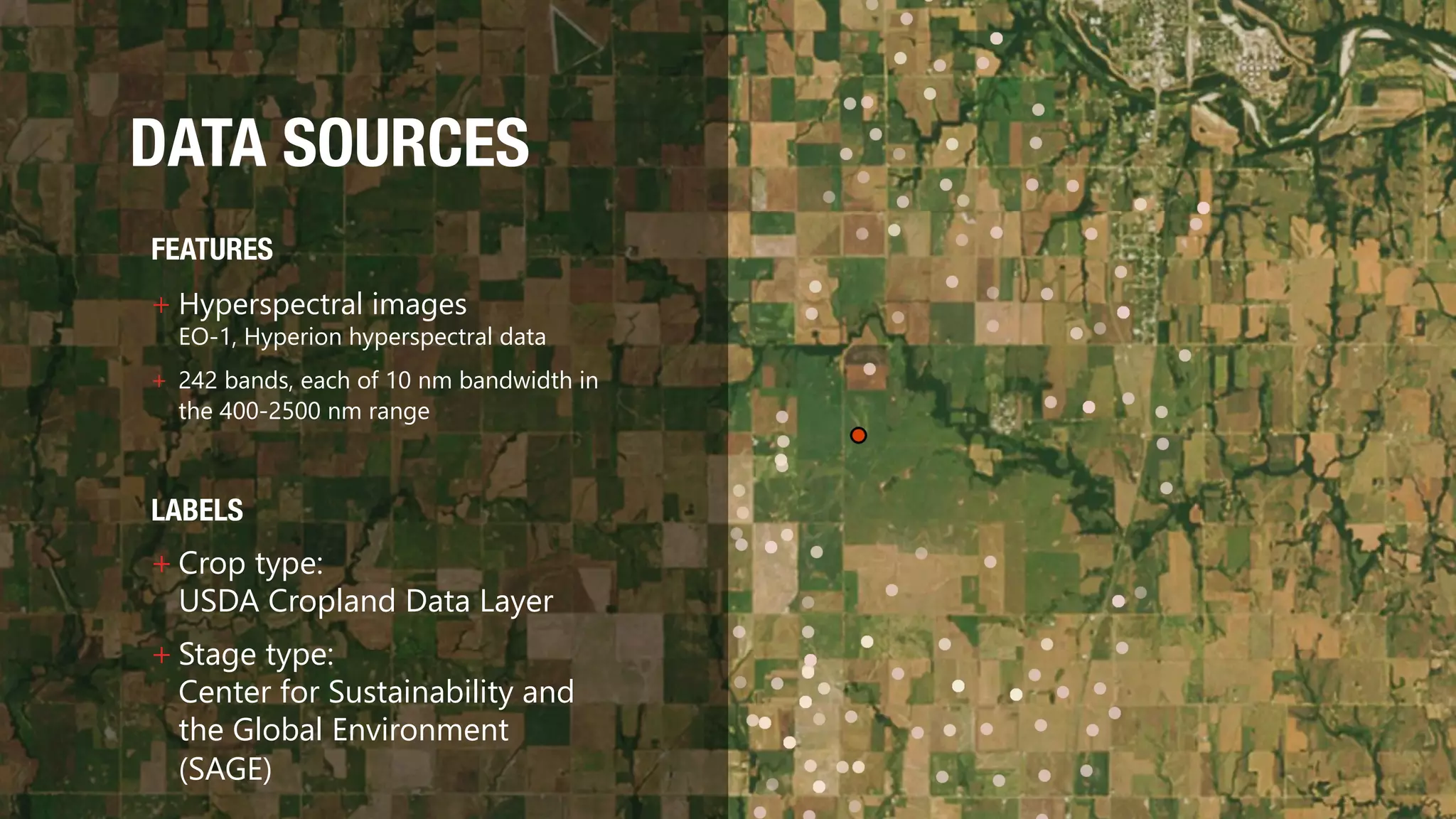DATA SOURCES
FEATURES
+ Hyperspectral images
EO-1, Hyperion hyperspectral data
+ 242 bands, each of 10 nm bandwidth in
the 400-2500 nm range
LABELS
+ Crop type:
USDA Cropland Data Layer
+ Stage type:
Center for Sustainability and
the Global Environment
(SAGE)
 